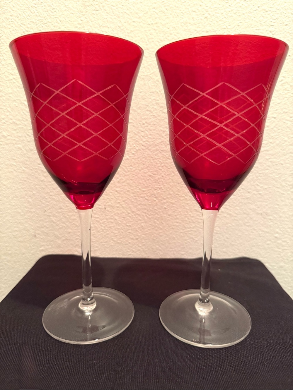 2 cut to clear, red, cranberry glasses. 14oz